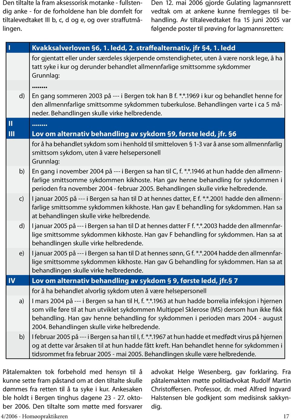 Av tiltalevedtaket fra 15 juni 2005 var følgende poster til prøving for lagmannsretten: I Kvakksalverloven 6, 1. ledd, 2. straffealternativ, jfr 4, 1.