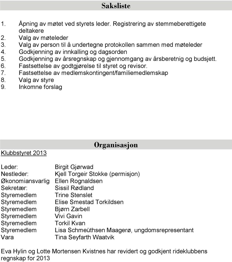 Fastsettelse av medlemskontingent/familiemedlemskap 8. Valg av styre 9.