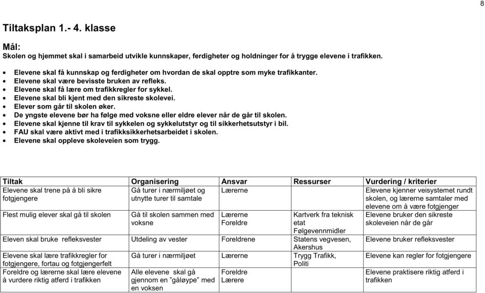 Elevene skal bli kjent med den sikreste skolevei. Elever som går til skolen øker. De yngste elevene bør ha følge med voksne eller eldre elever når de går til skolen.