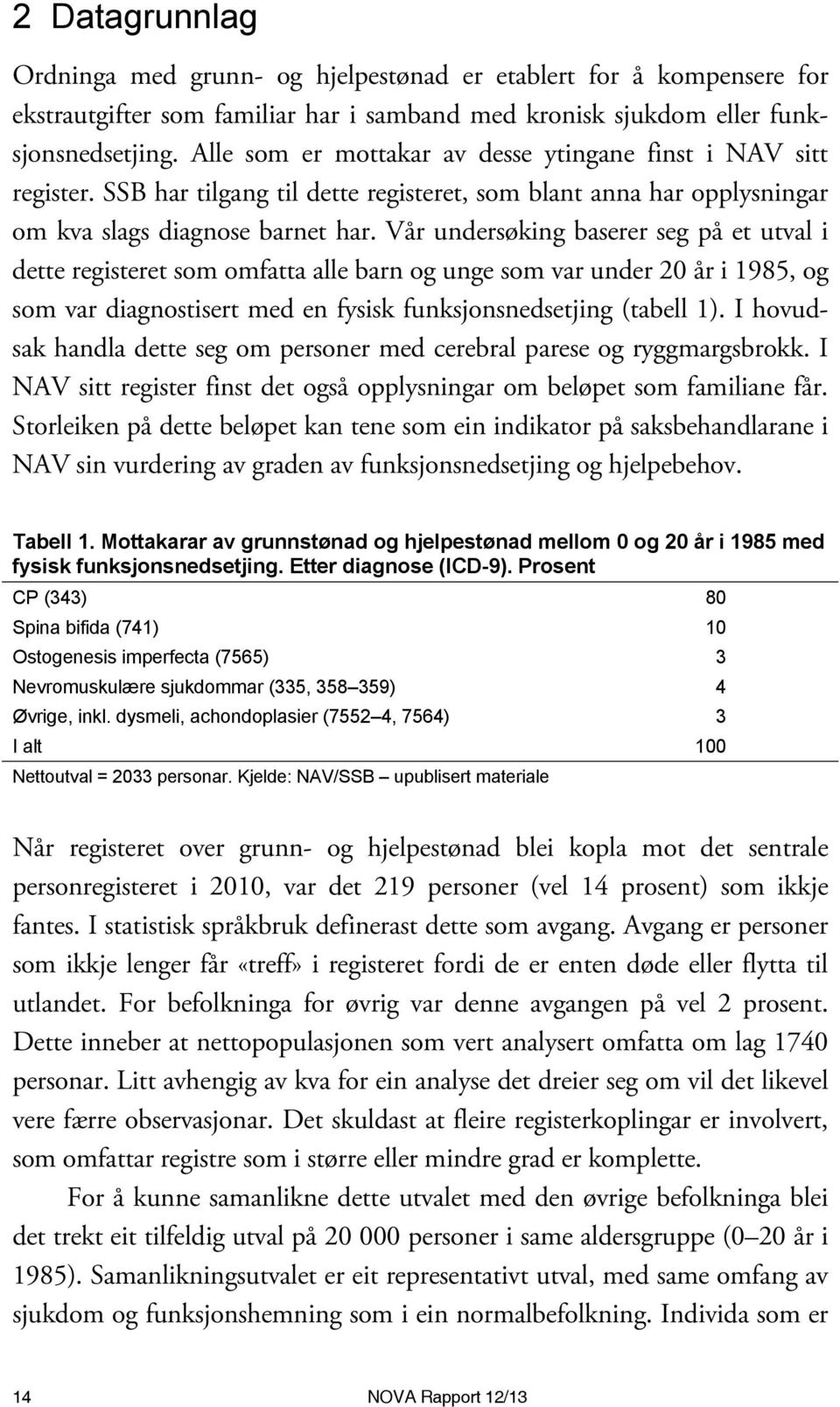 Vår undersøking baserer seg på et utval i dette registeret som omfatta alle barn og unge som var under 20 år i 1985, og som var diagnostisert med en fysisk funksjonsnedsetjing (tabell 1).