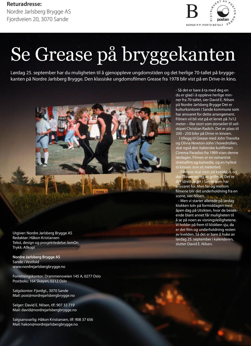 Den klassiske ungdomsfilmen Grease fra 1978 blir vist på en Drive-in kino.