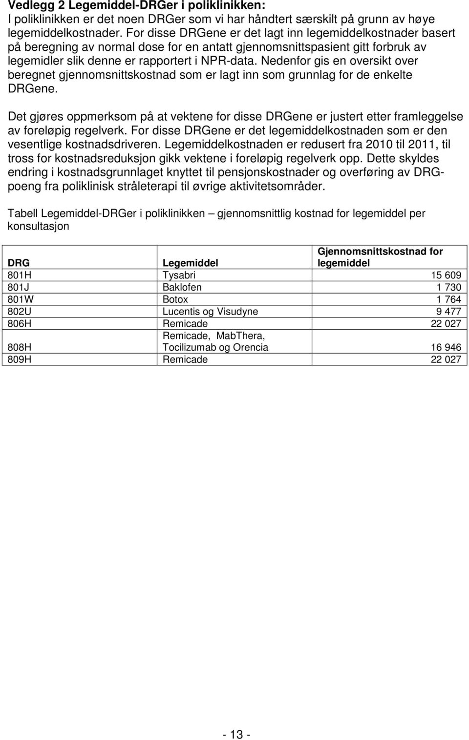 Nedenfor gis en oversikt over beregnet gjennomsnittskostnad som er lagt inn som grunnlag for de enkelte DRGene.