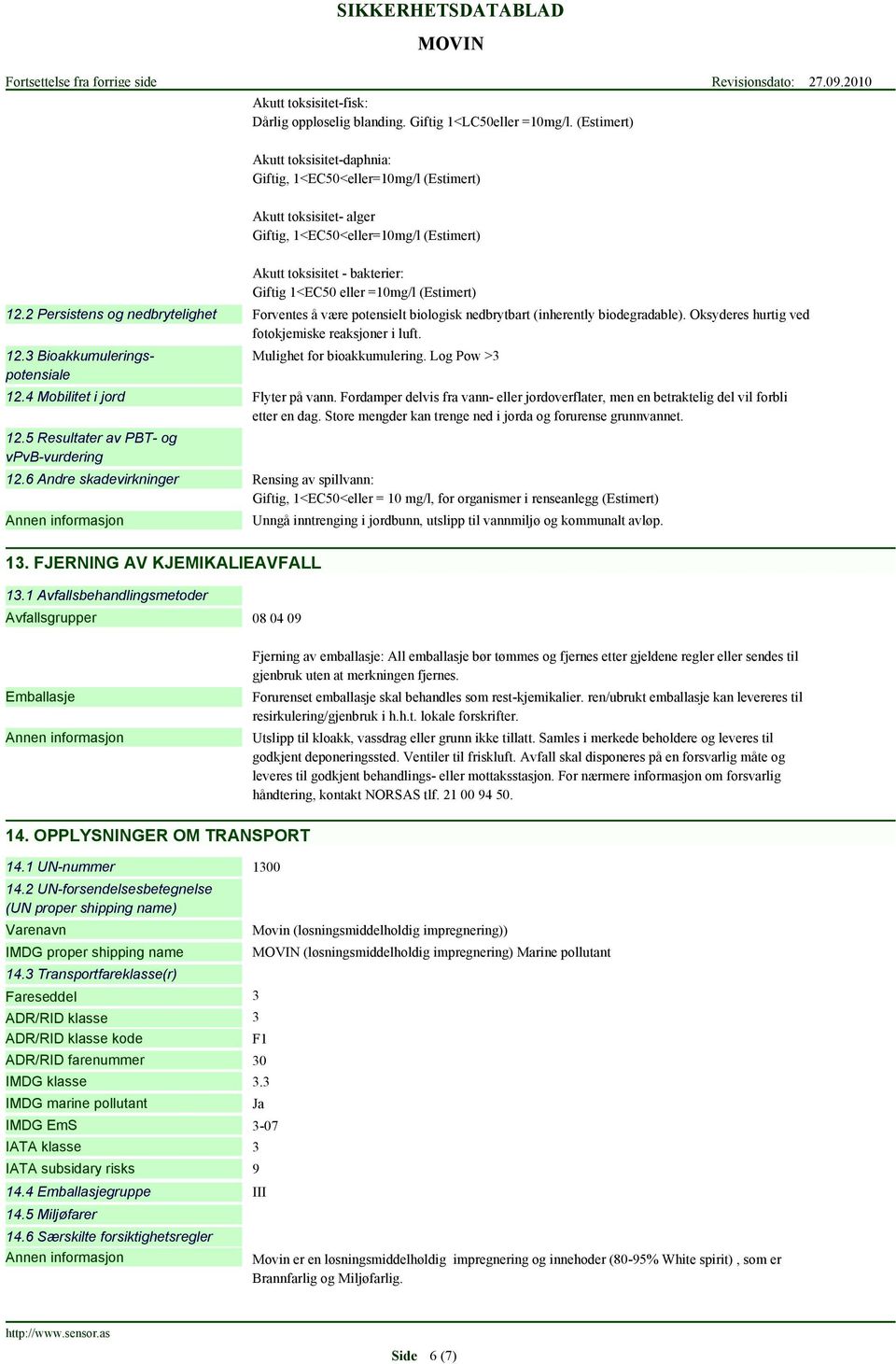 3 Bioakkumuleringspotensiale 12.4 Mobilitet i jord 12.