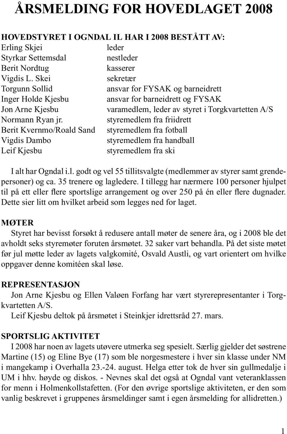 styremedlem fra friidrett Berit Kvernmo/Roald Sand styremedlem fra fotball Vigdis Dambo styremedlem fra handball Leif Kjesbu styremedlem fra ski I alt har Ogndal i.l. godt og vel 55 tillitsvalgte (medlemmer av styrer samt grendepersoner) og ca.