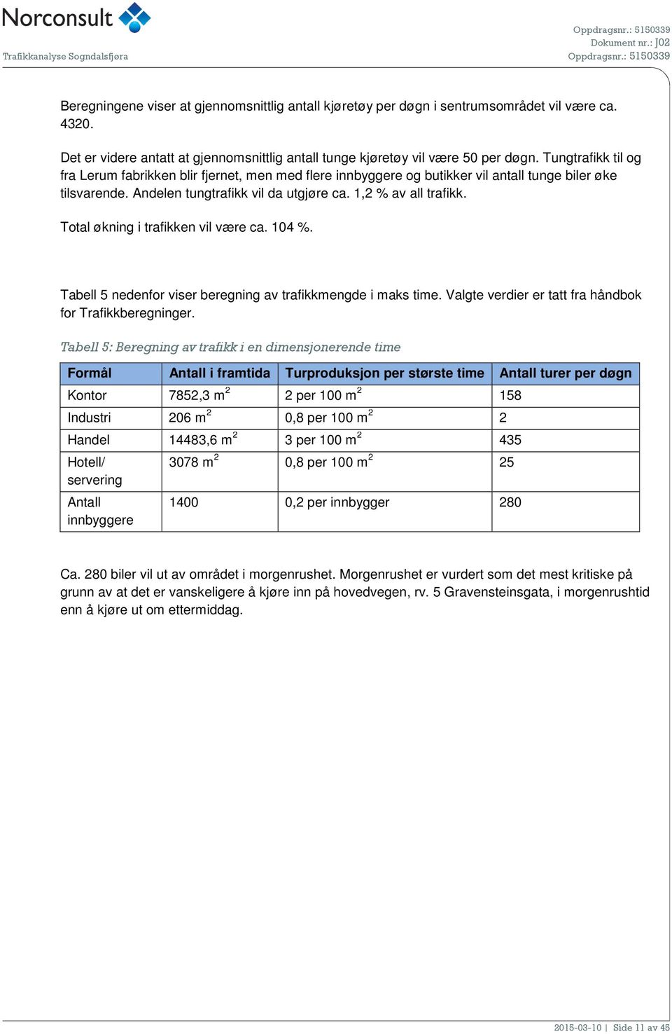 Total økning i trafikken vil være ca. 104 %. Tabell 5 nedenfor viser beregning av trafikkmengde i maks time. Valgte verdier er tatt fra håndbok for Trafikkberegninger.