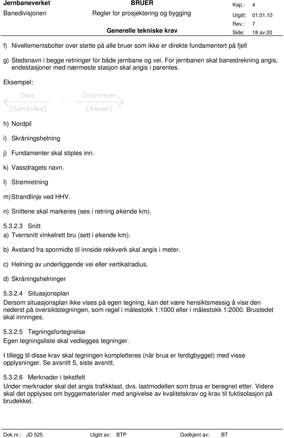 l) Strømretning m) Strandlinje ved HHV. n) Snittene skal markeres (ses i retning økende km). 5.3.2.3 Snitt a) Tverrsnitt vinkelrett bru (sett i økende km).