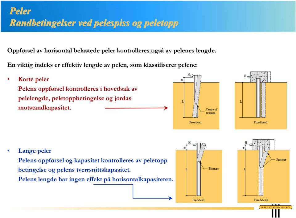 En viktig indeks er effektiv lengde av pelen, som klassifiserer pelene: Korte peler Pelens oppførsel kontrolleres i