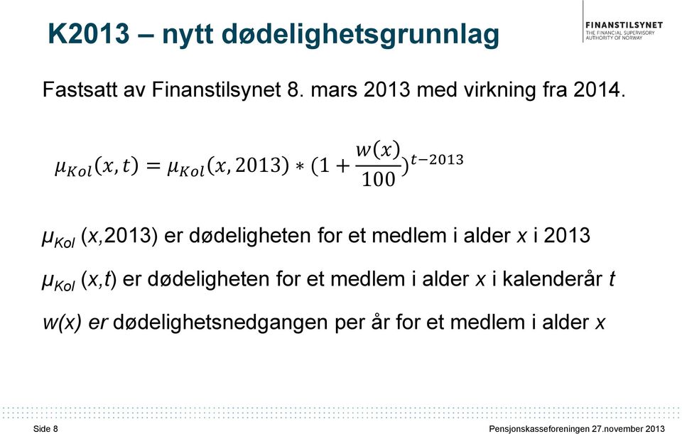 alder x i 2013 µ Kol (x,t) er dødeligheten for et medlem i alder x i kalenderår t w(x) er