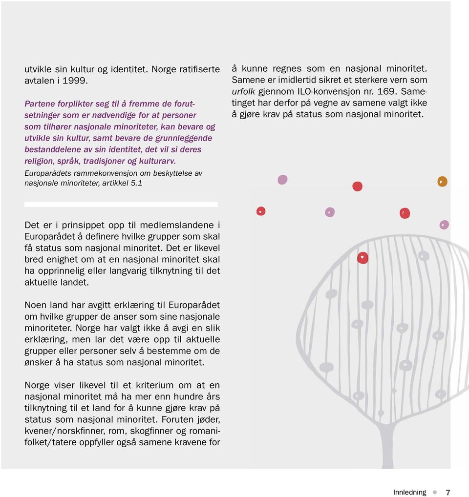bestanddelene av sin identitet, det vil si deres religion, språk, tradisjoner og kulturarv. Europarådets rammekonvensjon om beskyttelse av nasjonale minoriteter, artikkel 5.