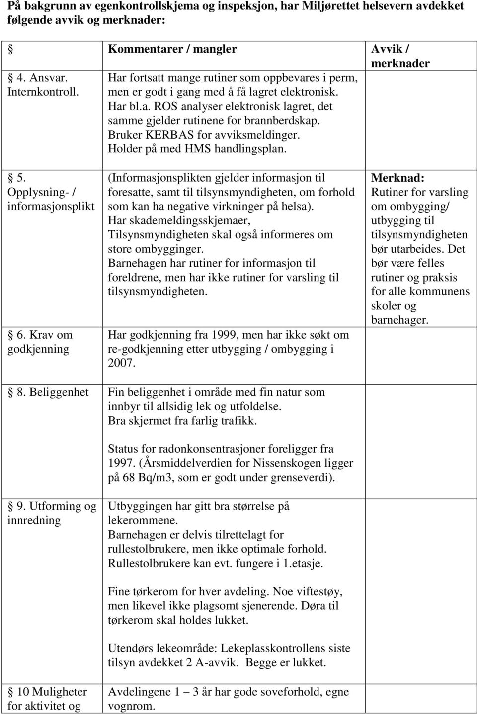 Bruker KERBAS for avviksmeldinger. Holder på med HMS handlingsplan. 5. Opplysning- / informasjonsplikt 6.