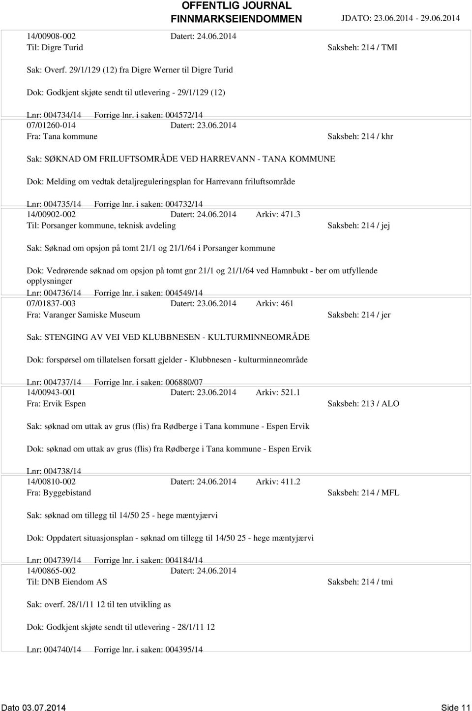 2014 Fra: Tana kommune Saksbeh: 214 / khr Sak: SØKNAD OM FRILUFTSOMRÅDE VED HARREVANN - TANA KOMMUNE Dok: Melding om vedtak detaljreguleringsplan for Harrevann friluftsområde Lnr: 004735/14 Forrige