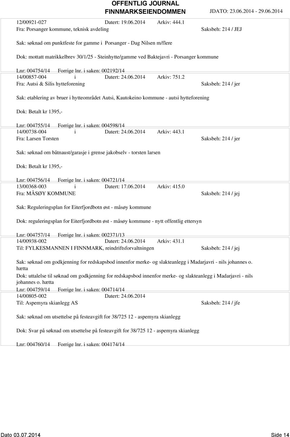kommune Saksbeh: 214 / JEJ Lnr: 004754/14 Forrige lnr. i saken: 002192/14 14/00857-004 i Datert: 24.06.2014 Arkiv: 751.