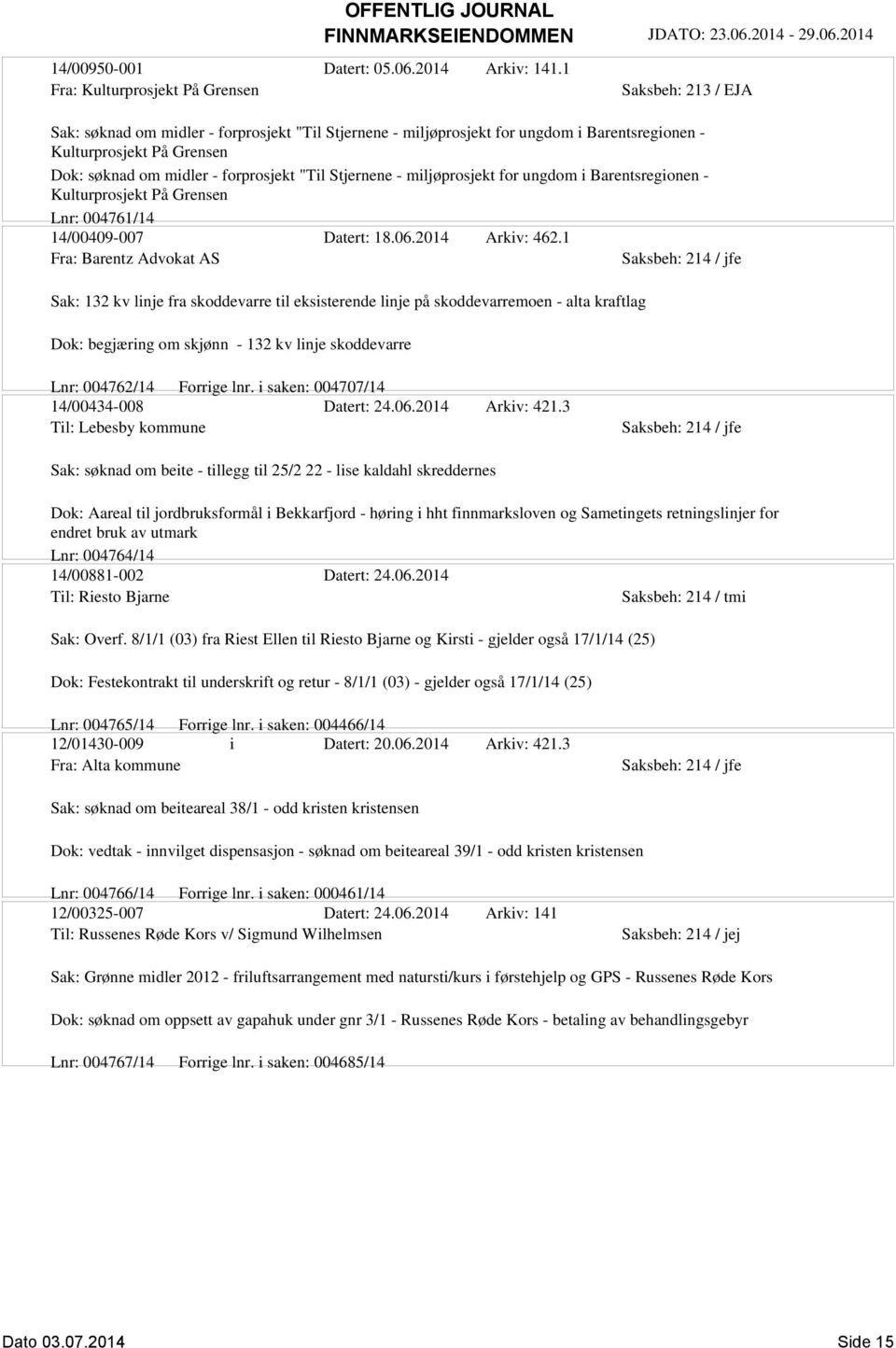 forprosjekt "Til Stjernene - miljøprosjekt for ungdom i Barentsregionen - Kulturprosjekt På Grensen Lnr: 004761/14 14/00409-007 Datert: 18.06.2014 Arkiv: 462.