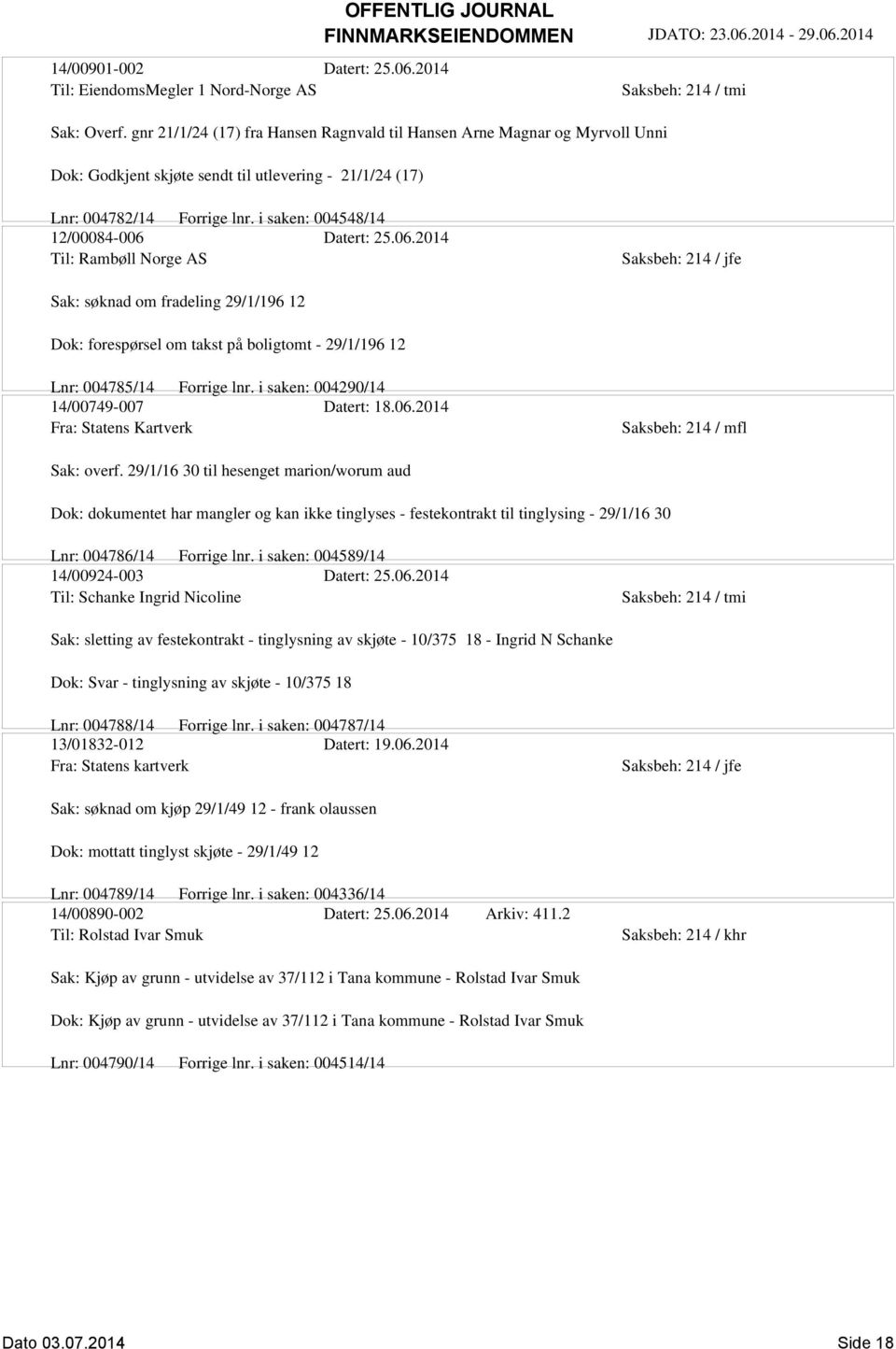 i saken: 004548/14 12/00084-006 Datert: 25.06.2014 Til: Rambøll Norge AS Sak: søknad om fradeling 29/1/196 12 Dok: forespørsel om takst på boligtomt - 29/1/196 12 Lnr: 004785/14 Forrige lnr.