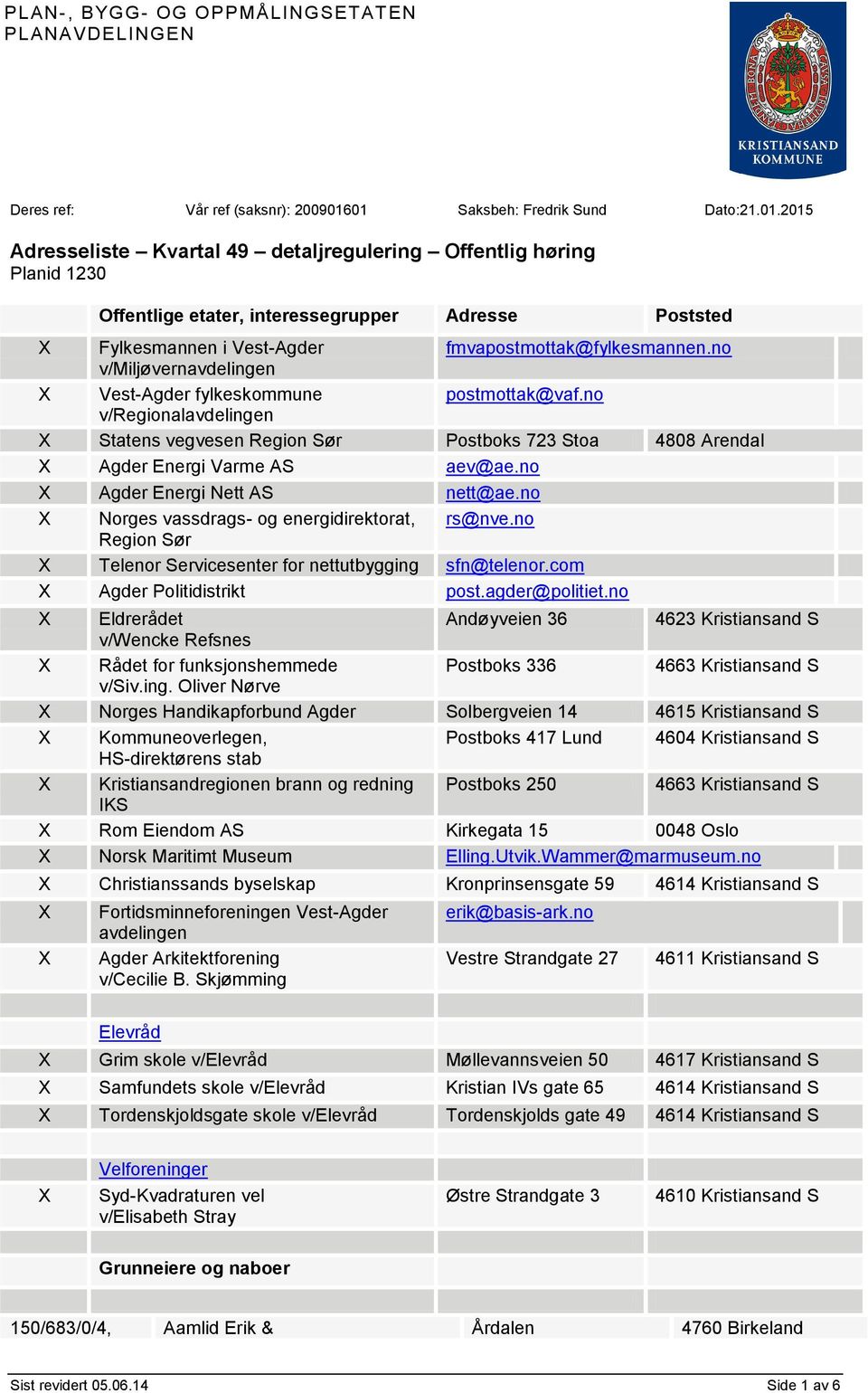 no v/miljøvernavdelingen X Vest-Agder fylkeskommune postmottak@vaf.no v/regionalavdelingen X Statens vegvesen Region Sør Postboks 723 Stoa 4808 Arendal X Agder Energi Varme AS aev@ae.