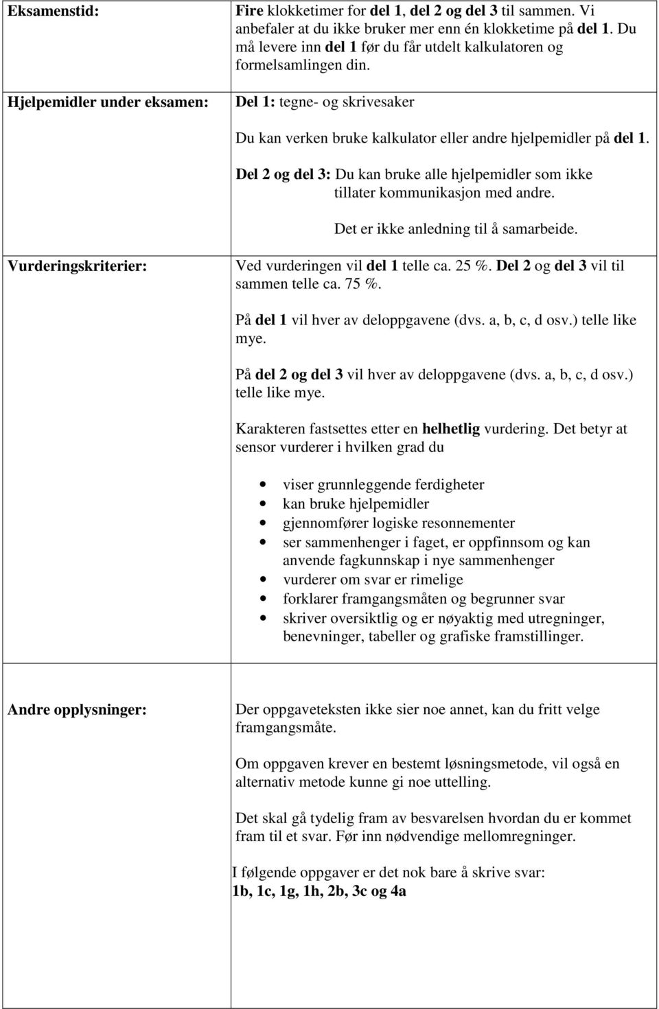 Del 2 og del 3: Du kn ruke lle hjelpemidler som ikke tillter kommuniksjon med ndre. Det er ikke nledning til å smreide. Vurderingskriterier: Ved vurderingen vil del 1 telle. 25 %.