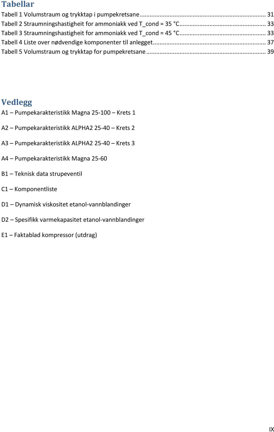 .. 37 Tabell 5 Volumstraum og trykktap for pumpekretsane.