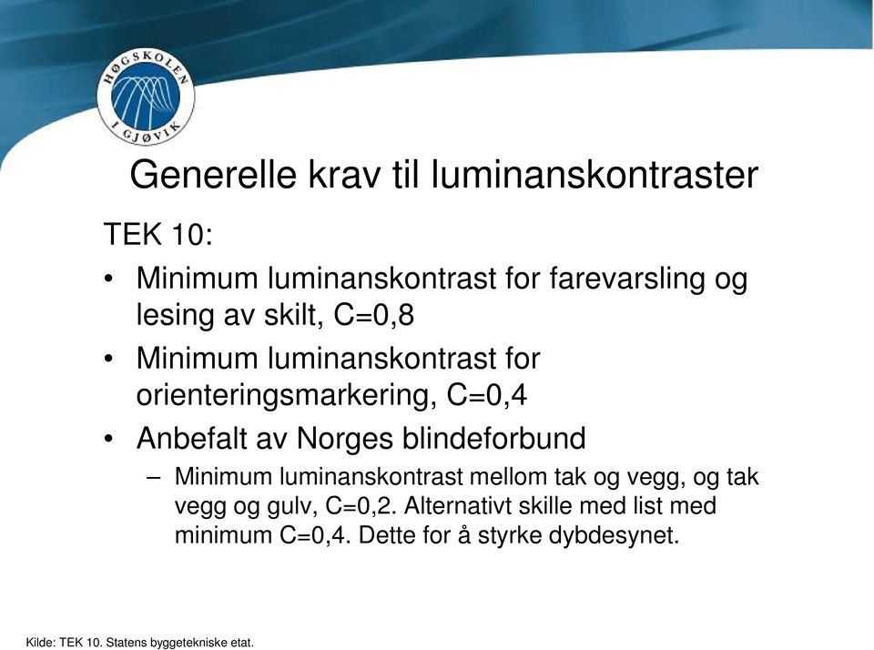 blindeforbund Minimum luminanskontrast mellom tak og vegg, og tak vegg og gulv, C=0,2.