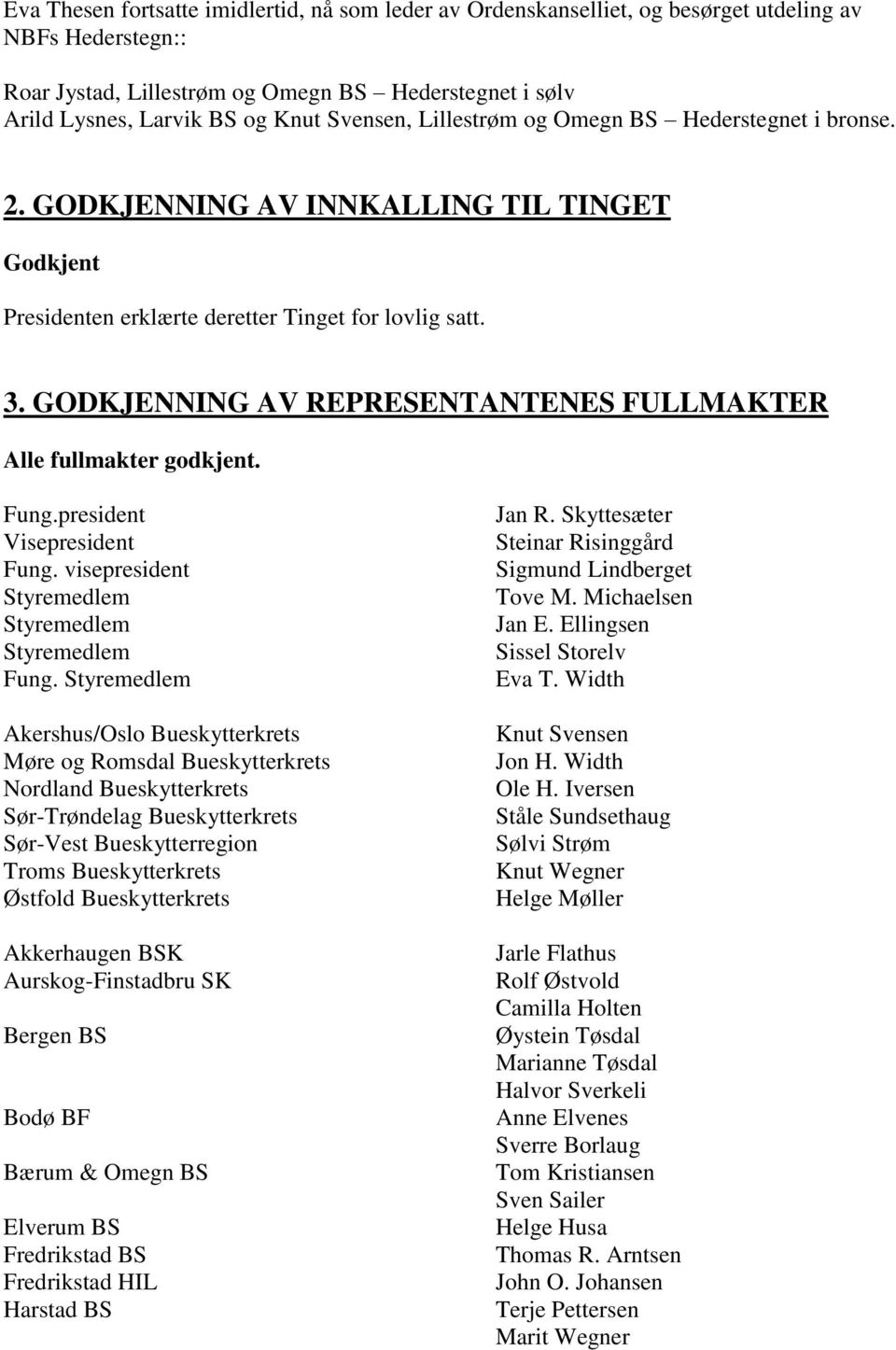 GODKJENNING AV REPRESENTANTENES FULLMAKTER Alle fullmakter godkjent. Fung.president Visepresident Fung. visepresident Styremedlem Styremedlem Styremedlem Fung.