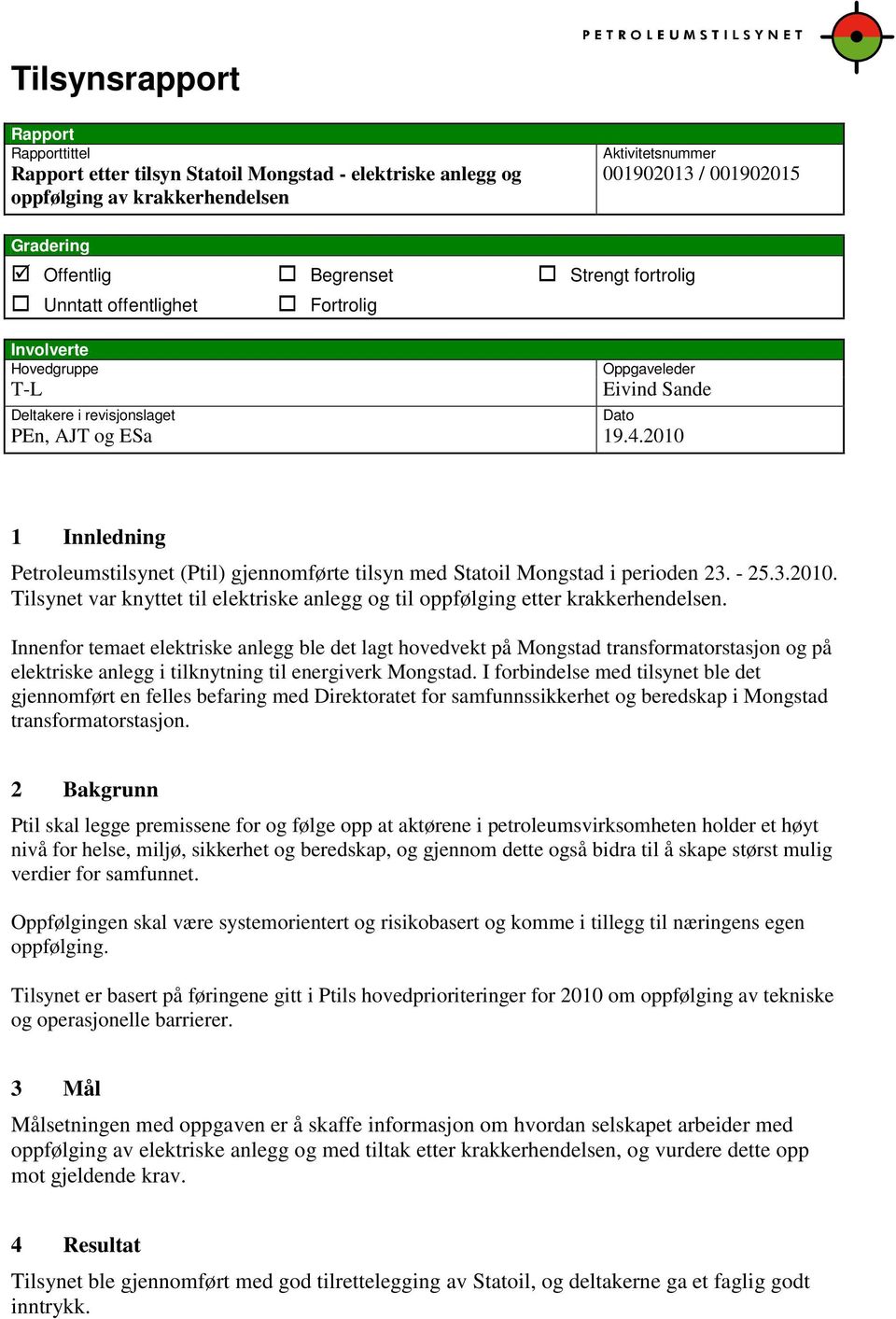 2010 Dato 1 Innledning Petroleumstilsynet (Ptil) gjennomførte tilsyn med Statoil Mongstad i perioden 23. - 25.3.2010. Tilsynet var knyttet til elektriske anlegg og til oppfølging etter krakkerhendelsen.