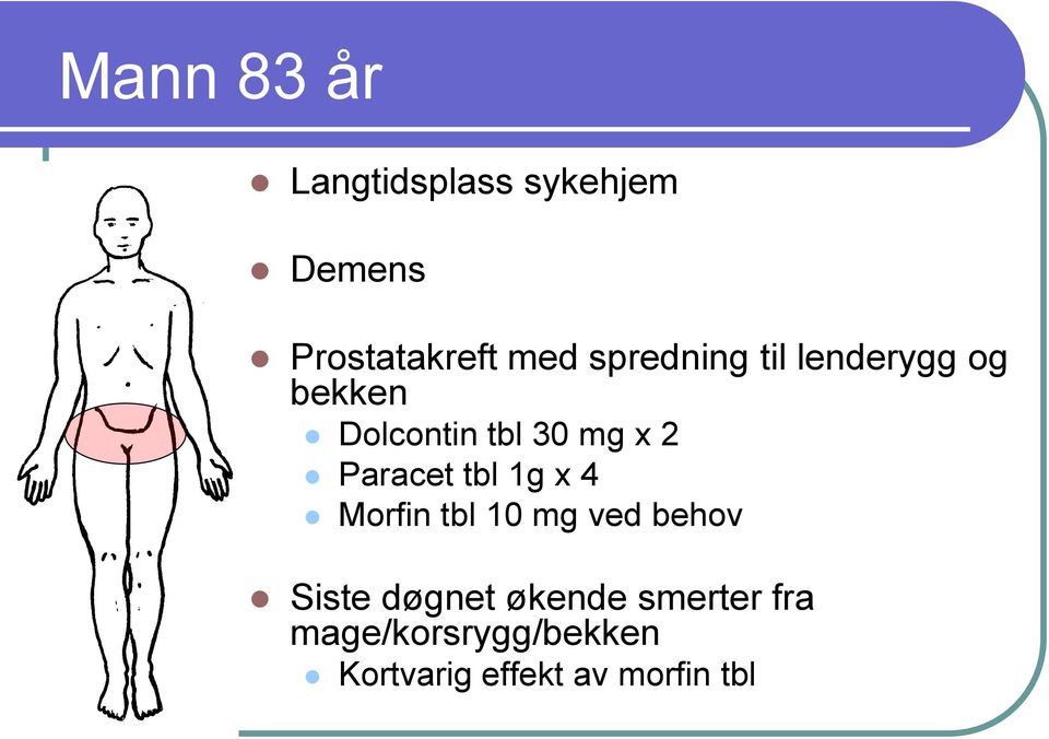 Paracet tbl 1g x 4 Morfin tbl 10 mg ved behov Siste døgnet