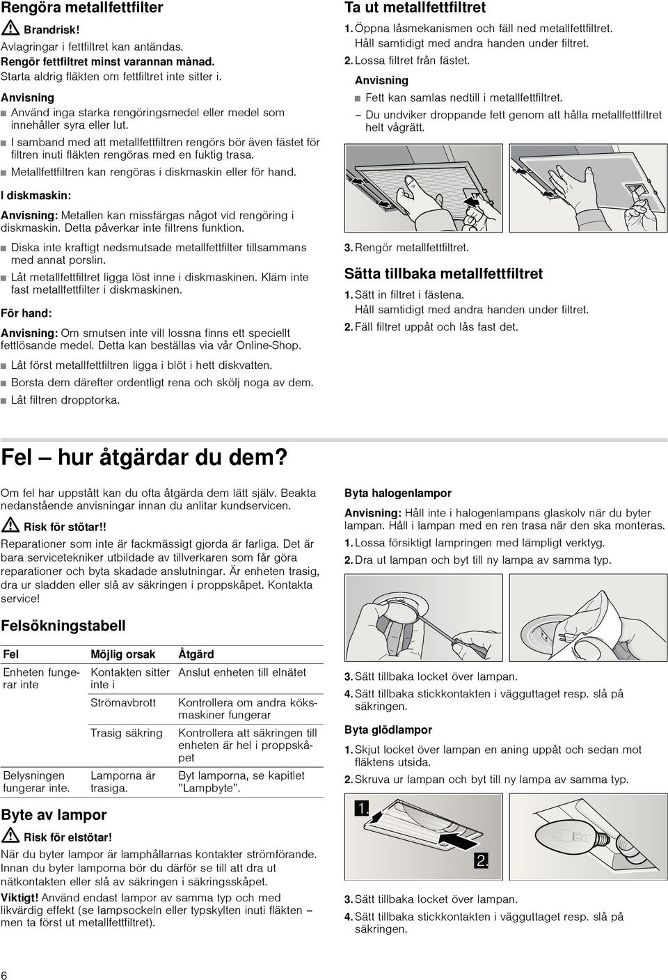 I samband med att metallfettfiltren rengörs bör även fästet för filtren inuti fläkten rengöras med en fuktig trasa. Metallfettfiltren kan rengöras i diskmaskin eller för hand.