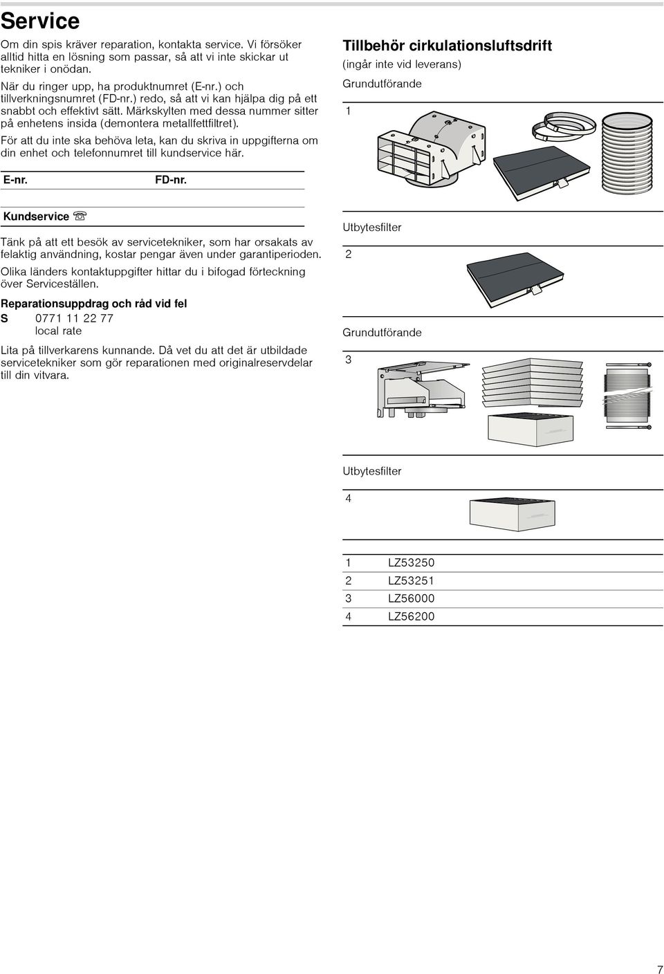 För att du inte ska behöva leta, kan du skriva in uppgifterna om din enhet och telefonnumret till kundservice här. Tillbehör cirkulationsluftsdrift (ingår inte vid leverans) Grundutförande 1 E-nr.