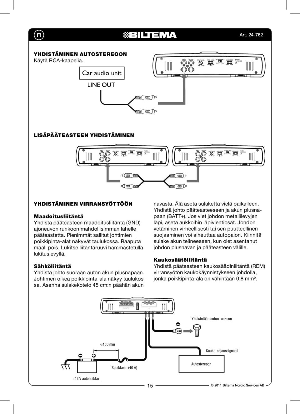 LINE OUT ar audio unit LINE OUT eakers Option 2: Line output connection onnect the amplifier to another amplifier. Option 2: Line output connection onnect the amplifier to another amplifier. Lisäpääteasteen yhdistäminen ect ect ers Yhdistäminen virransyöttöön navasta.