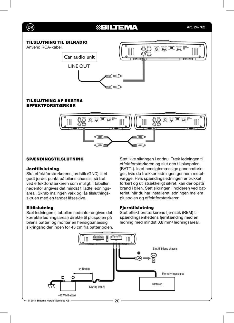 LINE OUT ar audio unit LINE OUT eakers Tilslutning af ekstra effektforstærker Option 2: Line output connection onnect the amplifier to another amplifier.