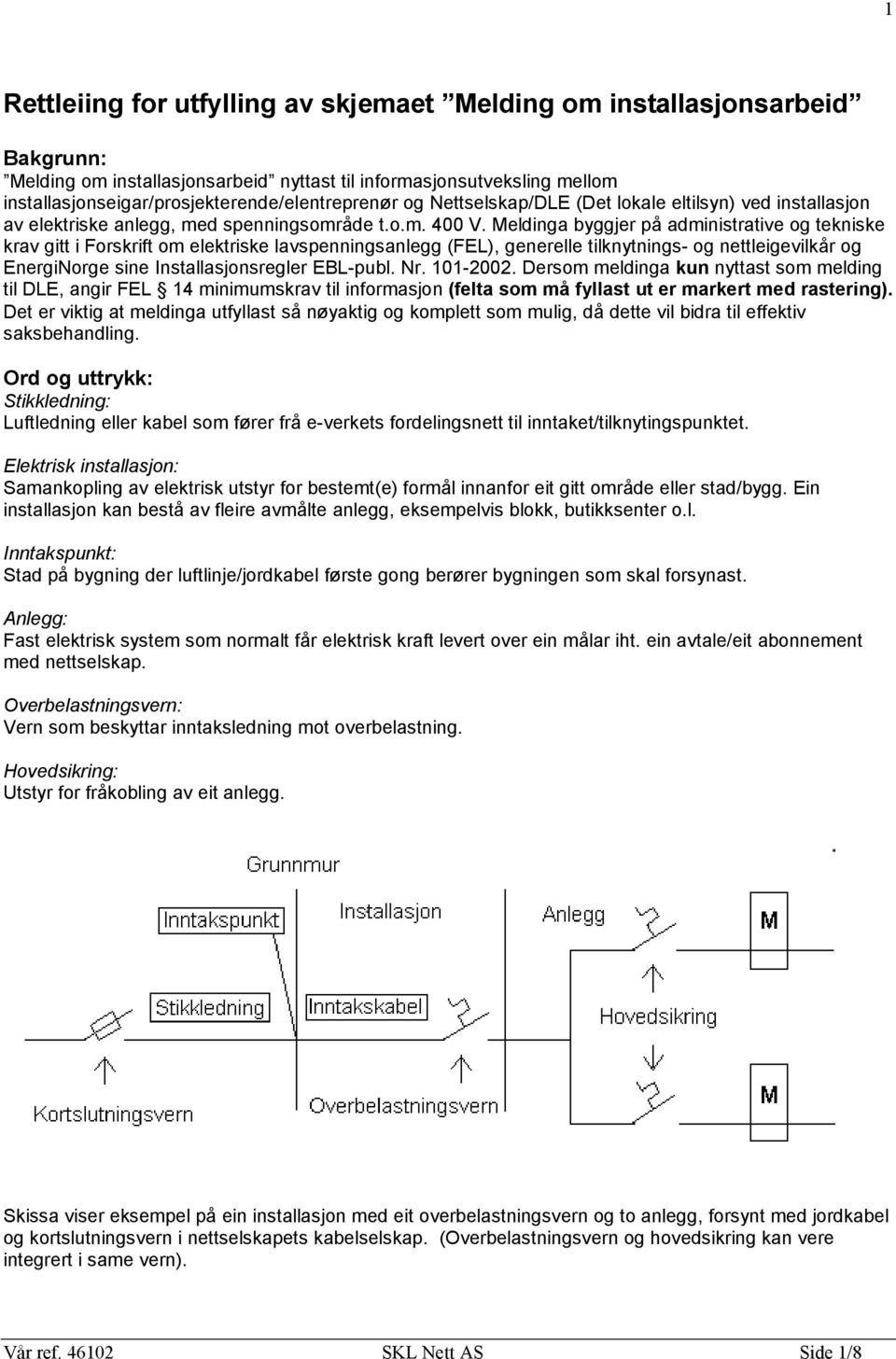 Meldinga byggjer på administrative og tekniske krav gitt i Forskrift om elektriske lavspenningsanlegg (FEL), generelle tilknytnings' og nettleigevilkår og EnergiNorge sine Installasjonsregler