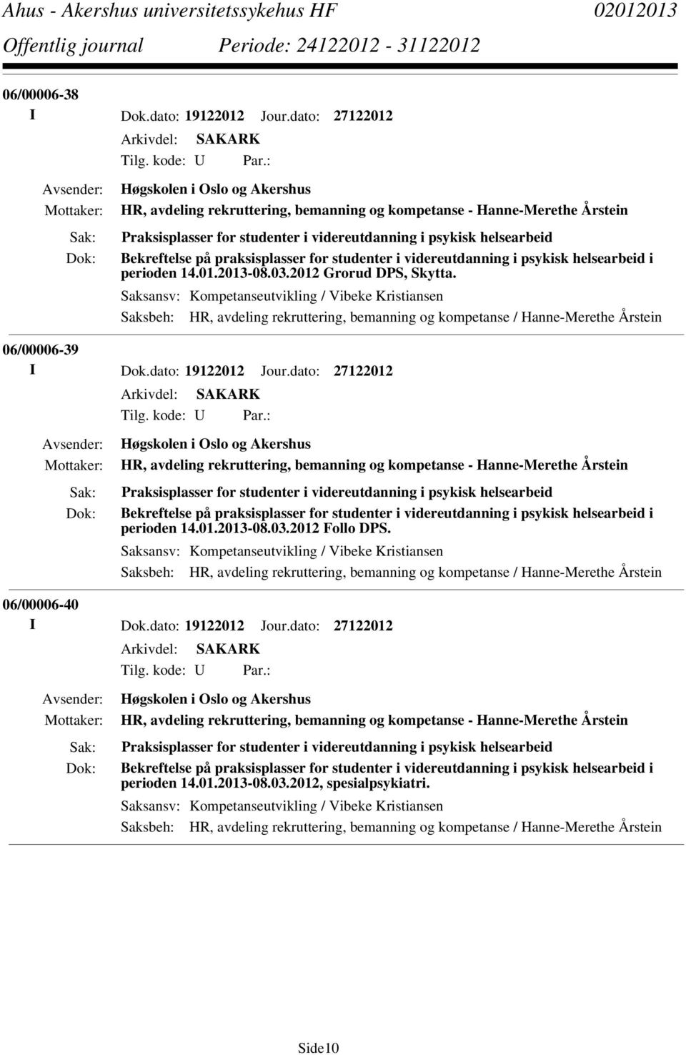 praksisplasser for studenter i videreutdanning i psykisk helsearbeid i perioden 14.01.2013-08.03.2012 Grorud DPS, Skytta.