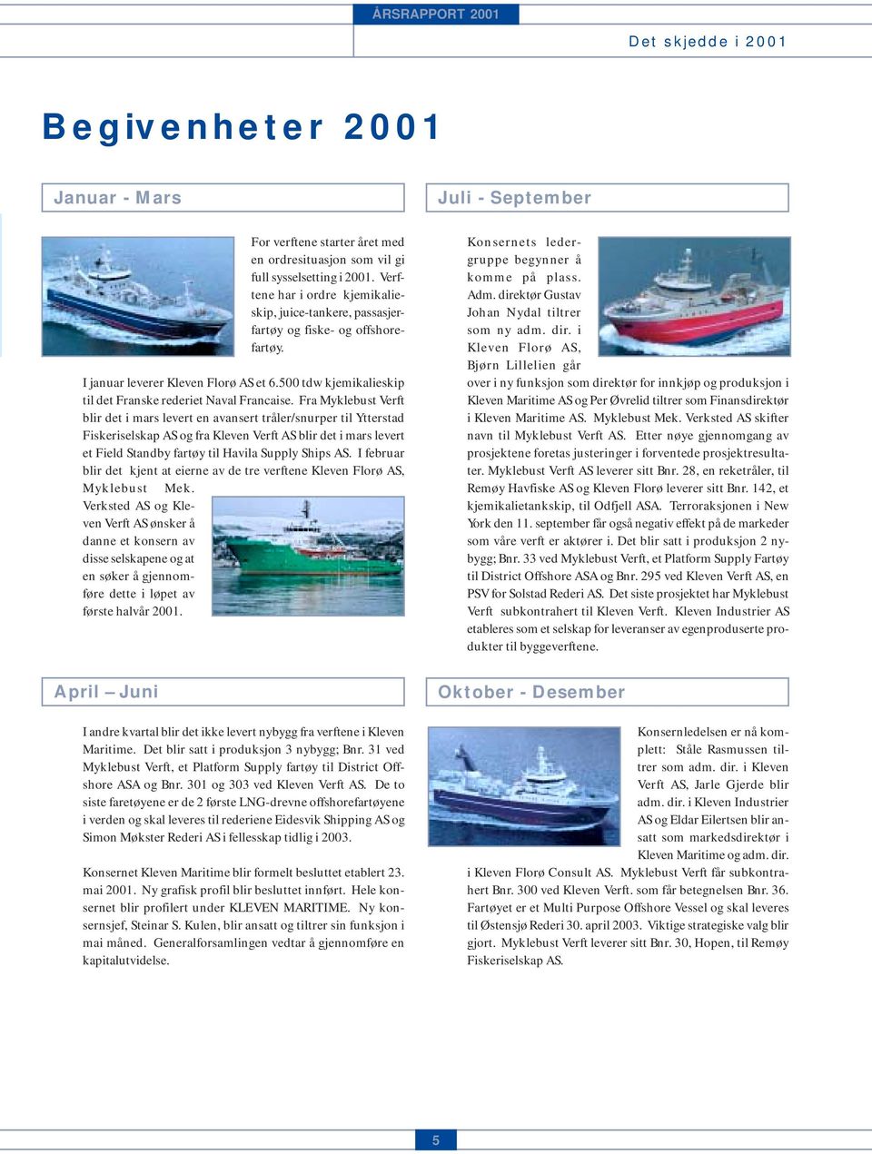 Fra Myklebust Verft blir det i mars levert en avansert tråler/snurper til Ytterstad Fiskeriselskap AS og fra Kleven Verft AS blir det i mars levert et Field Standby fartøy til Havila Supply Ships AS.