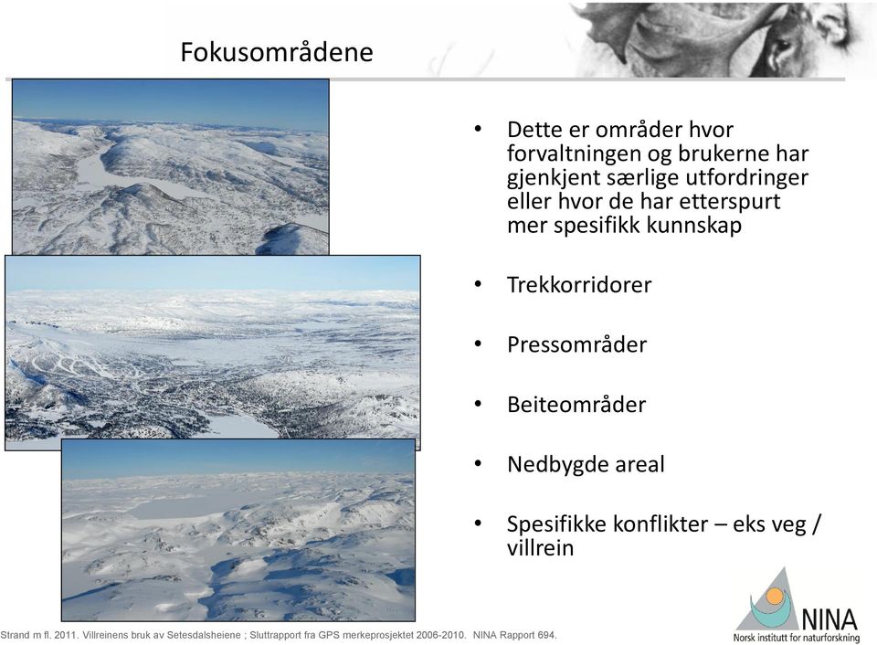 Pressområder Beiteområder Nedbygde areal Spesifikke konflikter eks veg / villrein Strand m