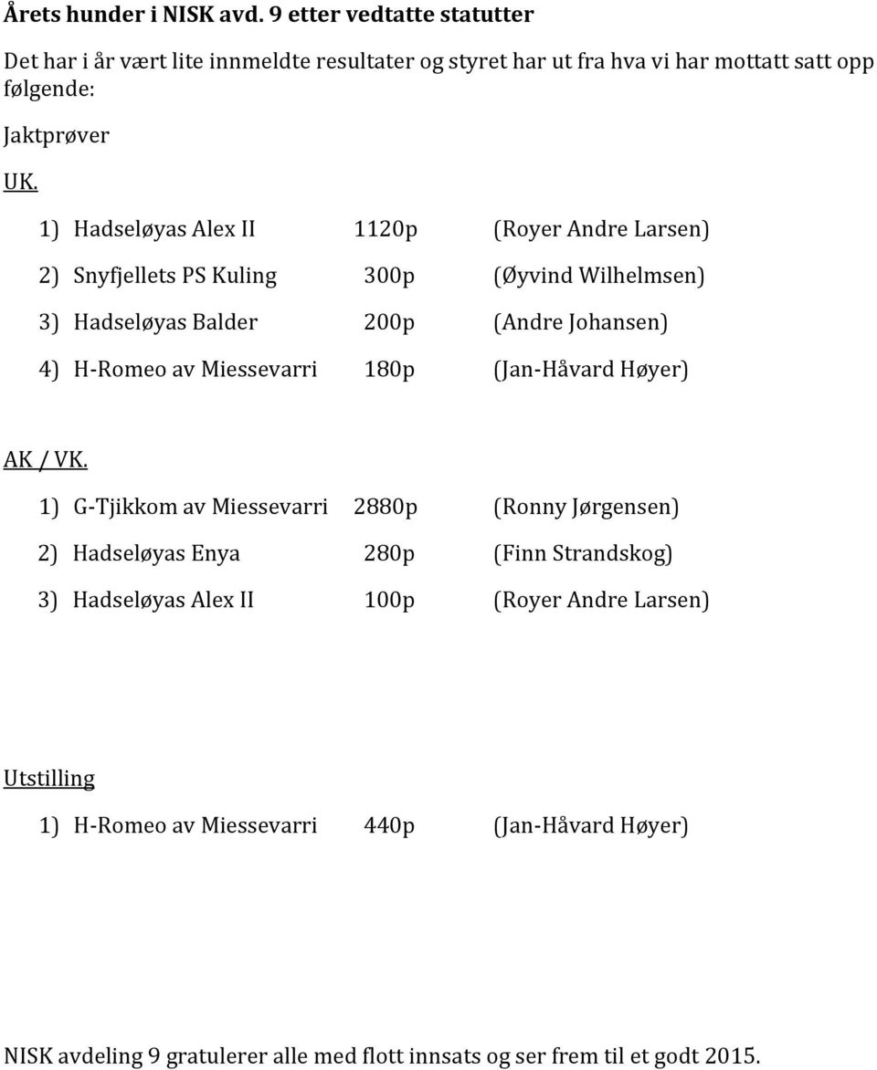 1) Hadseløyas Alex II 1120p (Royer Andre Larsen) 2) Snyfjellets PS Kuling 300p (Øyvind Wilhelmsen) 3) Hadseløyas Balder 200p (Andre Johansen) 4) H-Romeo av