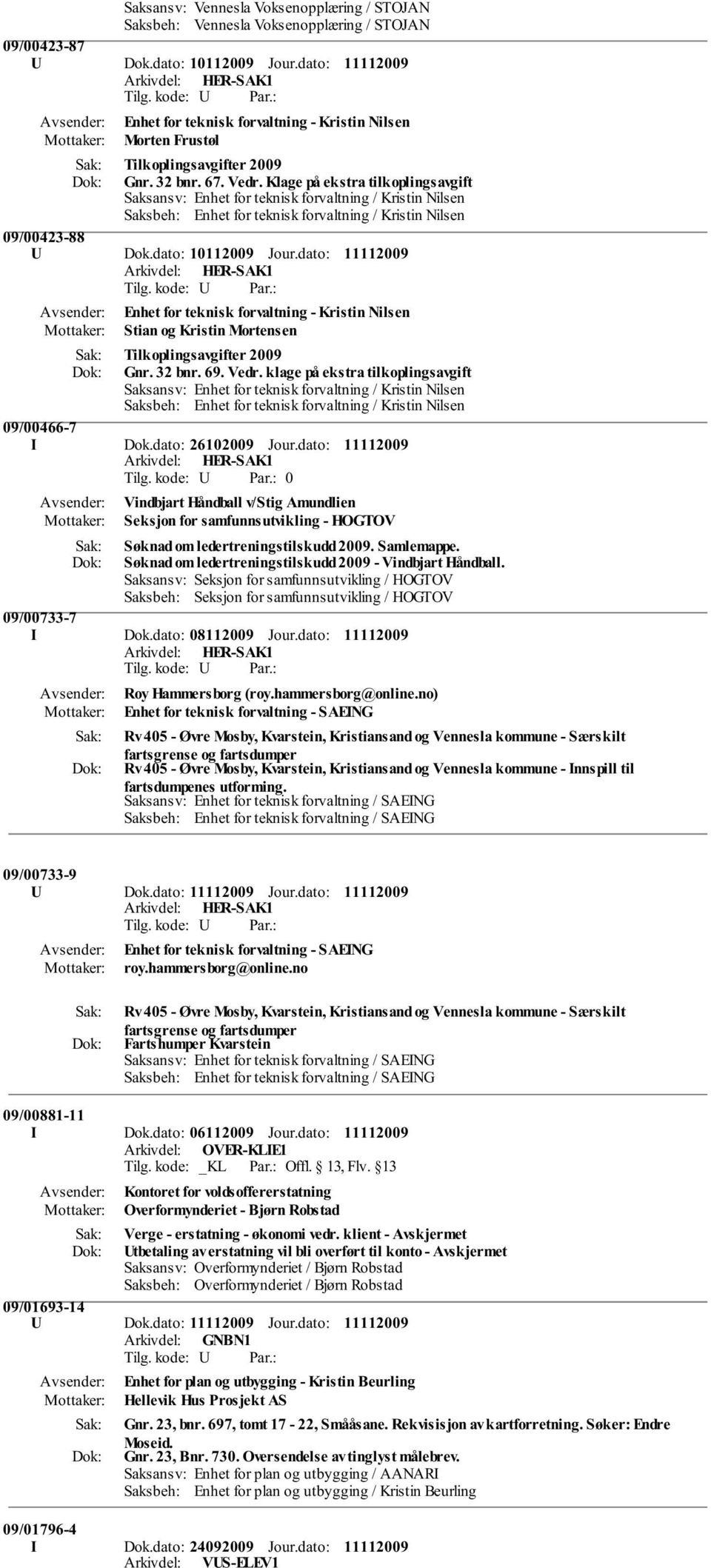 dato: Enhet for teknisk forvaltning - Kristin Nilsen Stian og Kristin Mortensen Tilkoplingsavgifter 2009 Gnr. 32 bnr. 69. Vedr.