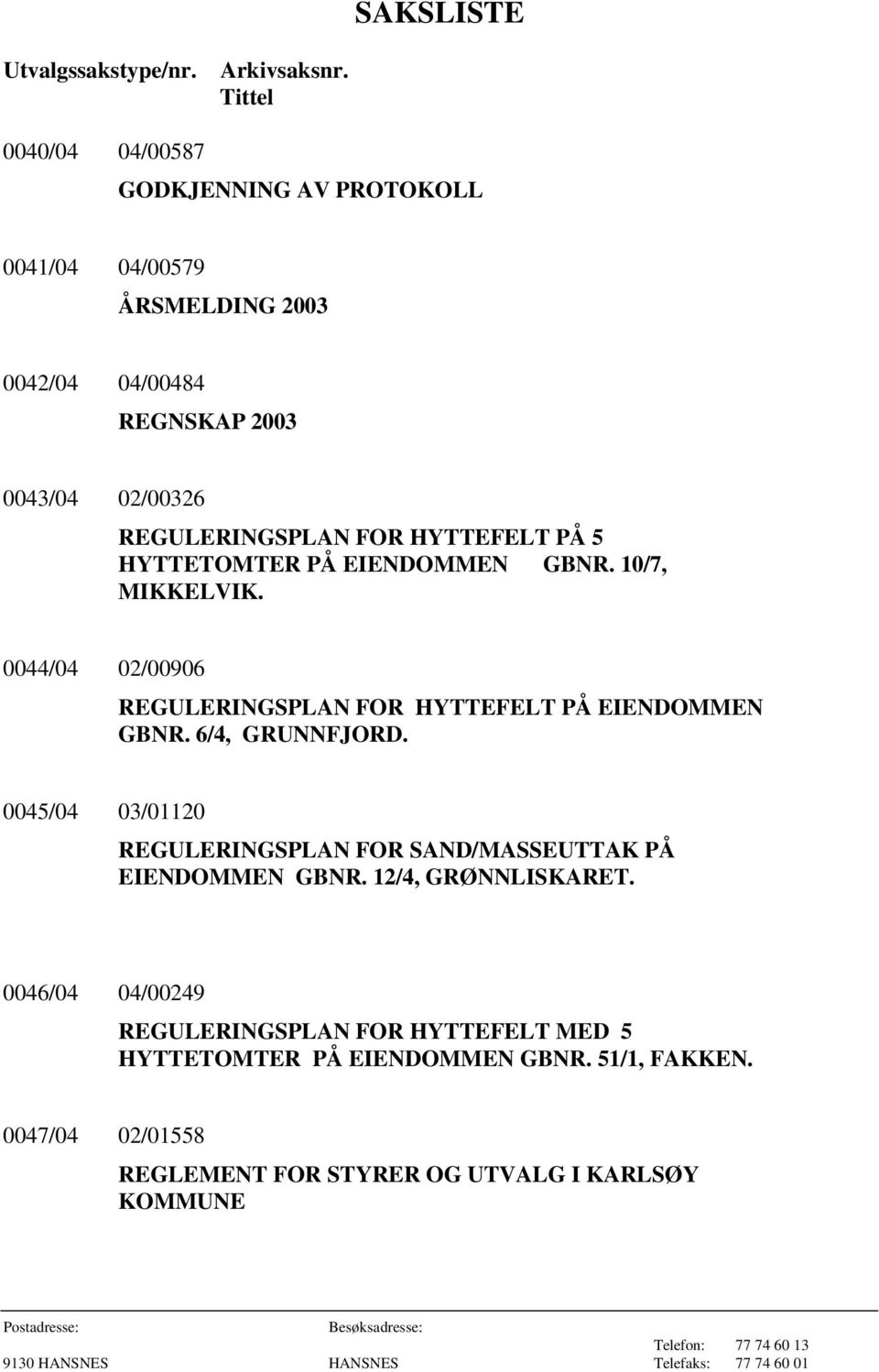 HYTTEFELT PÅ 5 HYTTETOMTER PÅ EIENDOMMEN GBNR. 10/7, MIKKELVIK. 0044/04 02/00906 REGULERINGSPLAN FOR HYTTEFELT PÅ EIENDOMMEN GBNR. 6/4, GRUNNFJORD.