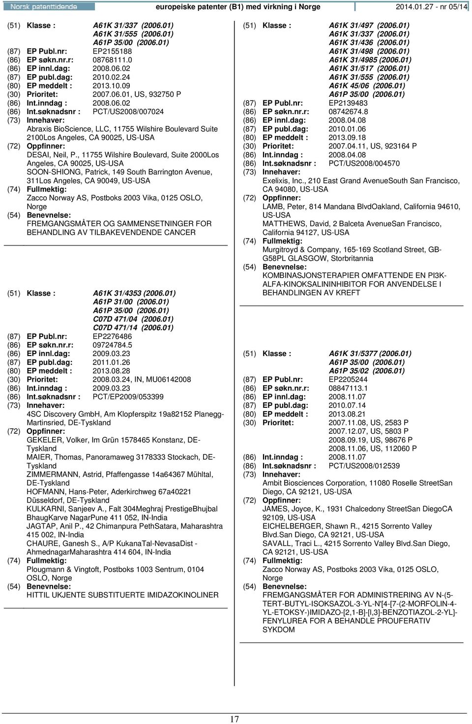 søknadsnr : PCT/US2008/007024 Abraxis BioScience, LLC, 11755 Wilshire Boulevard Suite 2100Los Angeles, CA 90025, US-USA DESAI, Neil, P.