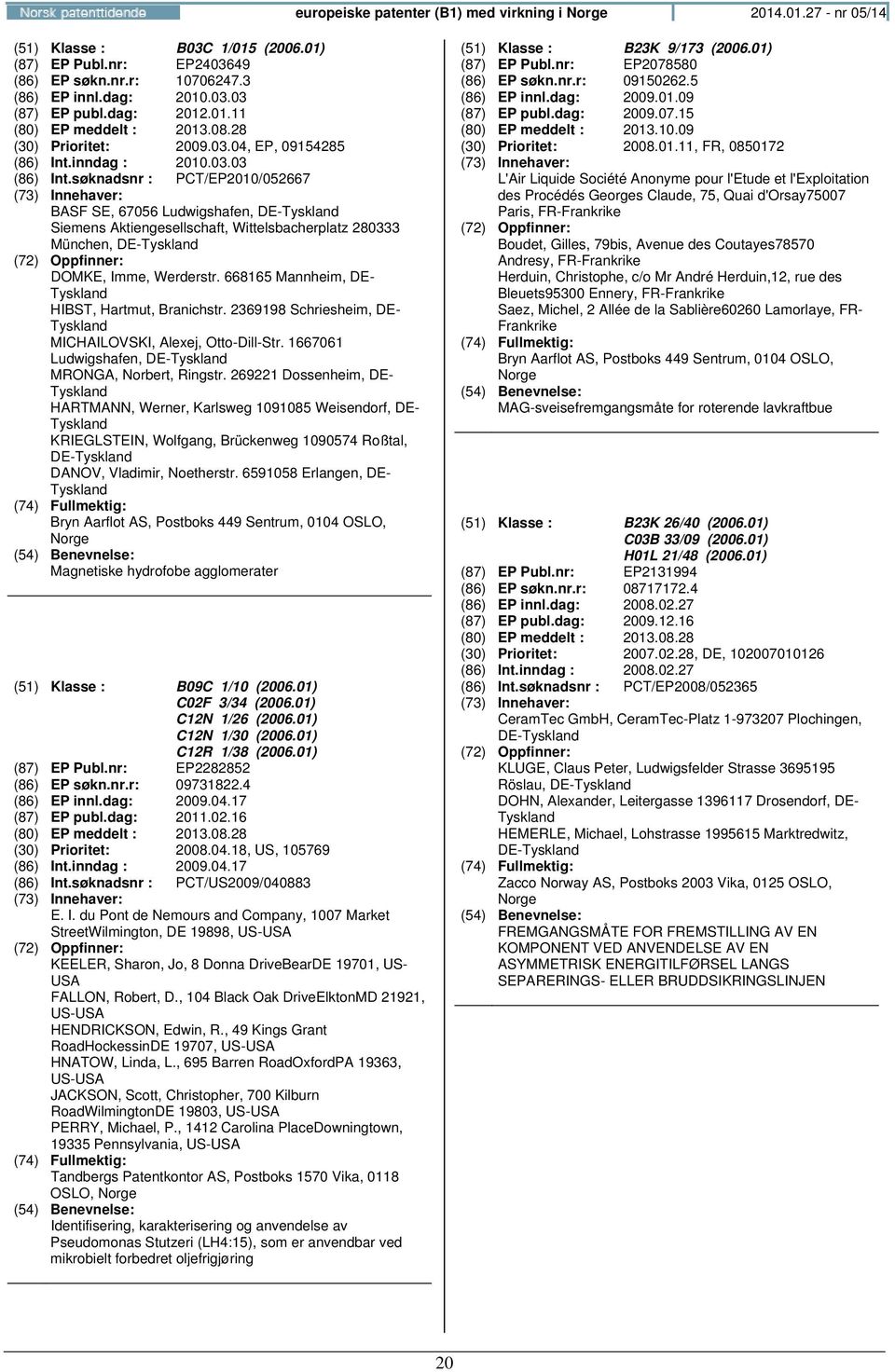 søknadsnr : PCT/EP2010/052667 BASF SE, 67056 Ludwigshafen, DE- Siemens Aktiengesellschaft, Wittelsbacherplatz 280333 München, DE- DOMKE, Imme, Werderstr.