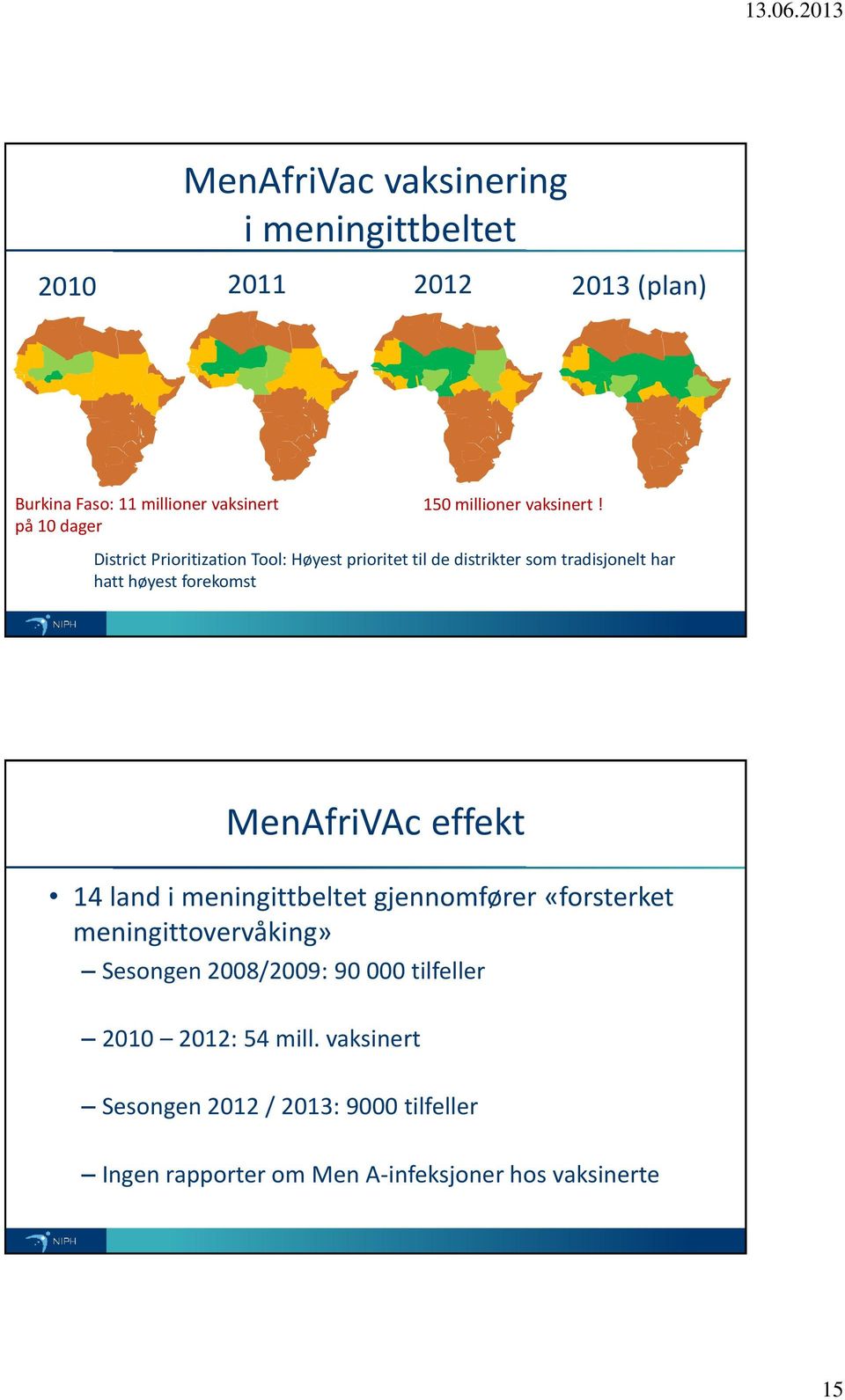 District Prioritization Tool: Høyest prioritet til de distrikter som tradisjonelt har hatt høyest forekomst MenAfriVAc