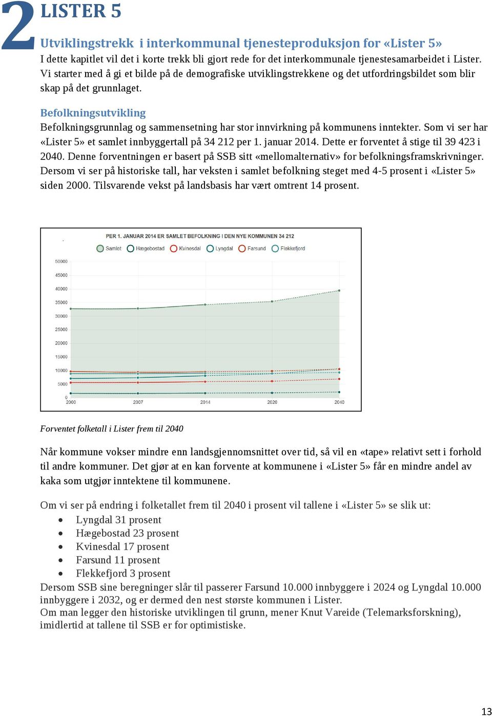 Befolkningsutvikling Befolkningsgrunnlag og sammensetning har stor innvirkning på kommunens inntekter. Som vi ser har «Lister 5» et samlet innbyggertall på 34 212 per 1. januar 2014.