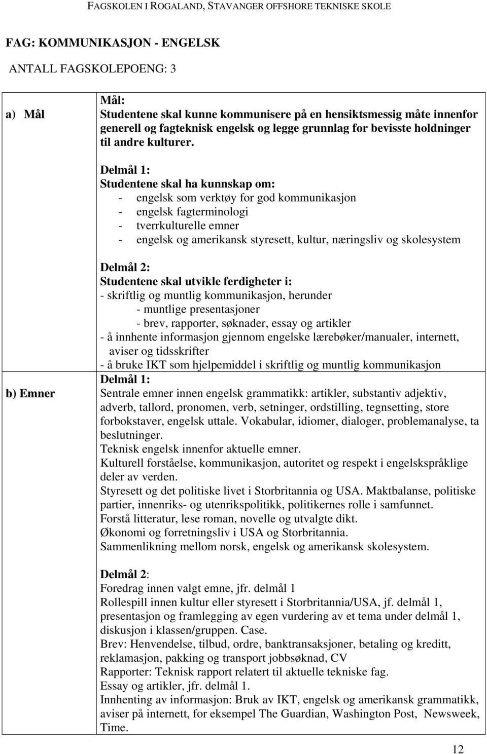 Delmål 1: Studentene skal ha kunnskap om: - engelsk som verktøy for god kommunikasjon - engelsk fagterminologi - tverrkulturelle emner - engelsk og amerikansk styresett, kultur, næringsliv og