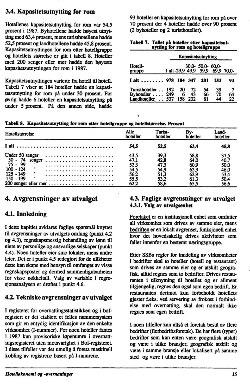 Kapasitetsutnyttingen for rom etter hotellgruppe og hotellets størrelse er gitt i tabell 8. Hoteller med 200 senger eller mer hadde den høyeste kapasitetsutnyttingen for rom i 1987.