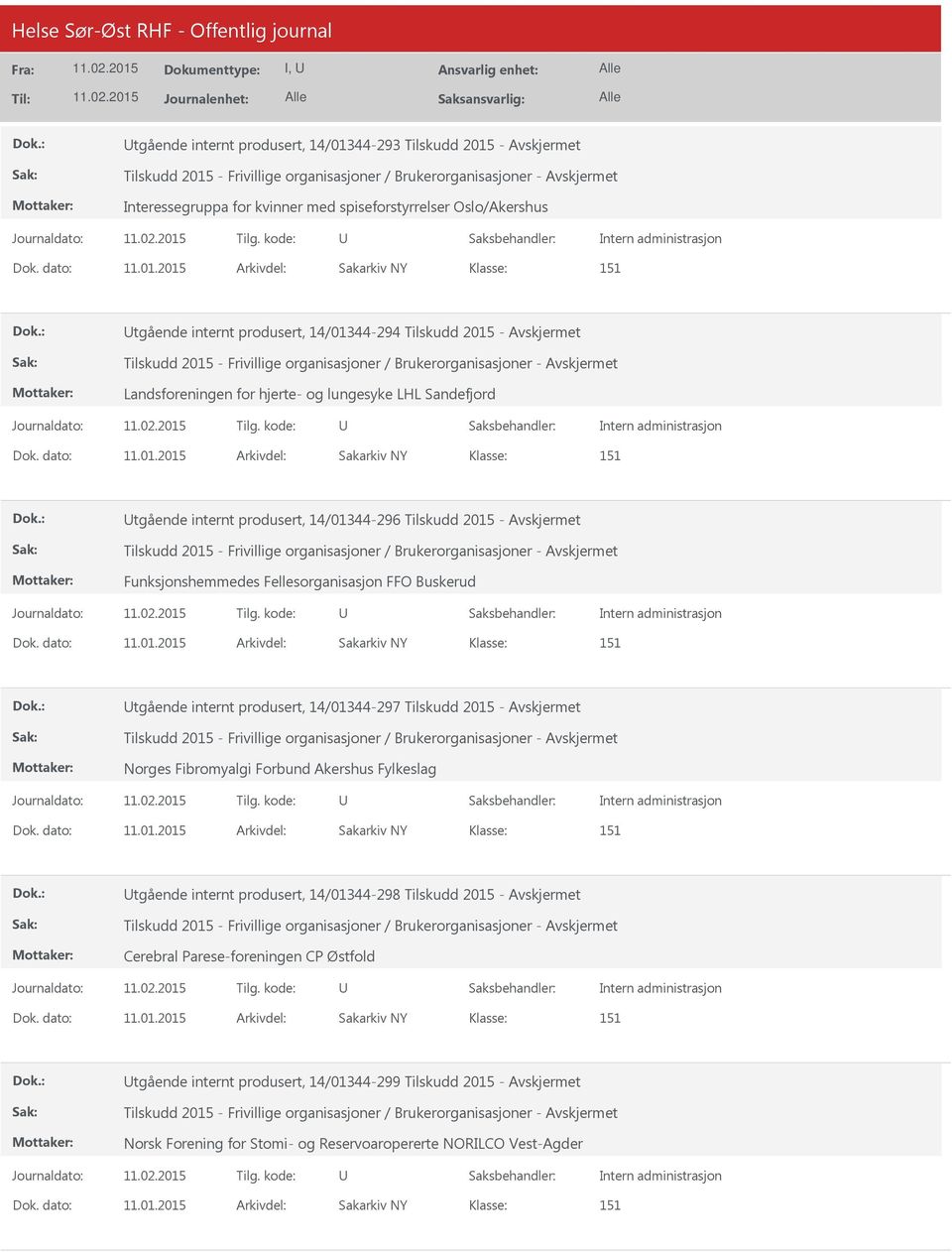 FFO Buskerud tgående internt produsert, 14/01344-297 Tilskudd 2015 - Norges Fibromyalgi Forbund Akershus Fylkeslag tgående internt produsert, 14/01344-298 Tilskudd