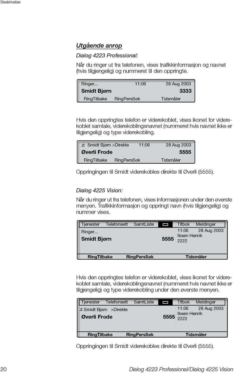 ikke er tilgjengelig) og type viderekobling. Smidt Bjørn >Direkte 11:06 28 Aug 2003 Øverli Frode 5555 RingTilbake RingPersSøk Tidsmåler Oppringingen til Smidt viderekobles direkte til Øverli (5555).