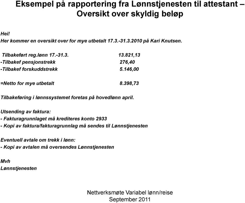 146,00 =Netto for mye utbetalt 8.398,73 Tilbakeføring i lønnssystemet foretas på hovedlønn april.