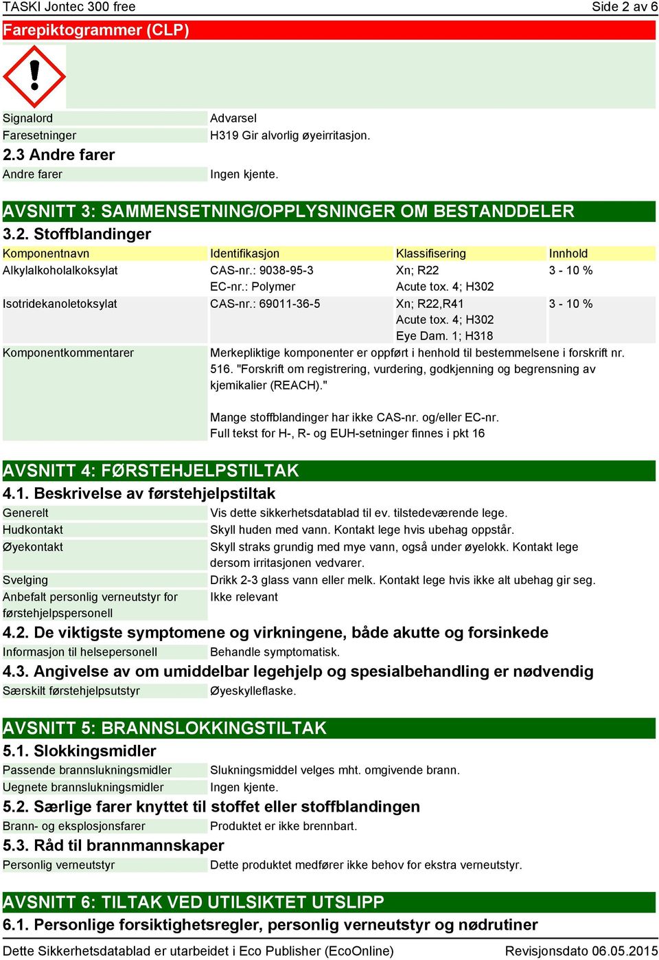 : Polymer Xn; R22 Acute tox. 4; H302 3-10 % Isotridekanoletoksylat CAS-nr.: 69011-36-5 Xn; R22,R41 3-10 % Acute tox. 4; H302 Eye Dam.