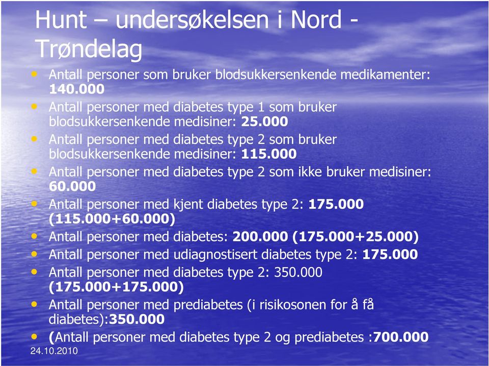 000 Antall personer med diabetes type 2 som ikke bruker medisiner: 60.000 Antall personer med kjent diabetes type 2: 175.000 (115.000+60.000) Antall personer med diabetes: 200.