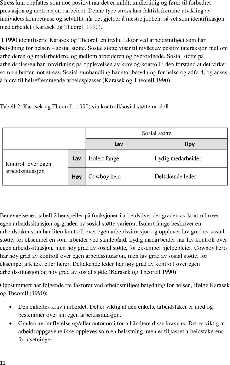 I 1990 identifiserte Karasek og Theorell en tredje faktor ved arbeidsmiljøet som har betydning for helsen sosial støtte.