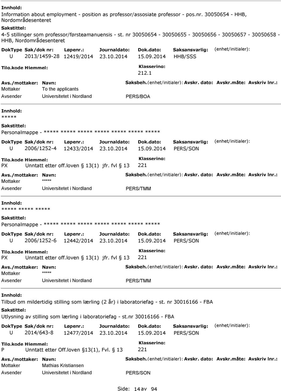 : Mottaker To the applicants niversitetet i Nordland ER/BOA ***** ersonalmappe - ***** ***** ***** ***** ***** ***** ***** 2006/1252-4 12433/2014 15.09.2014 ER/ON X nntatt etter off.loven 13(1) jfr.