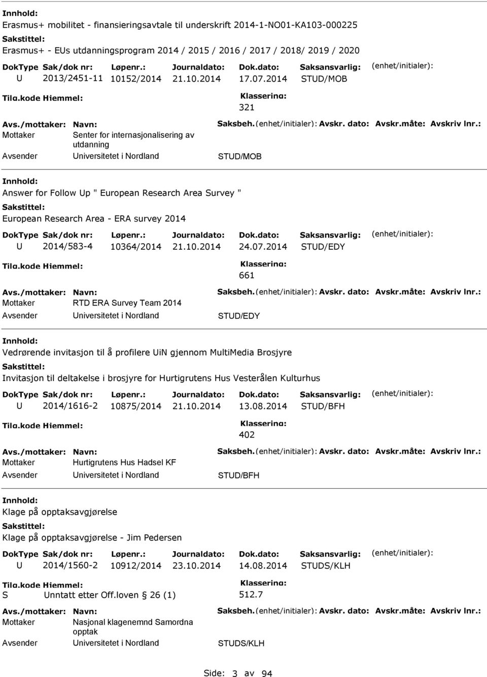 : Mottaker enter for internasjonalisering av utdanning niversitetet i Nordland TD/MOB Answer for Follow p " European Research Area urvey " European Research Area - ERA survey 2014 2014/583-4